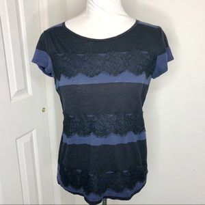 🌵LOFT Blue & Black Zip Back Tee With Lace Sz Med